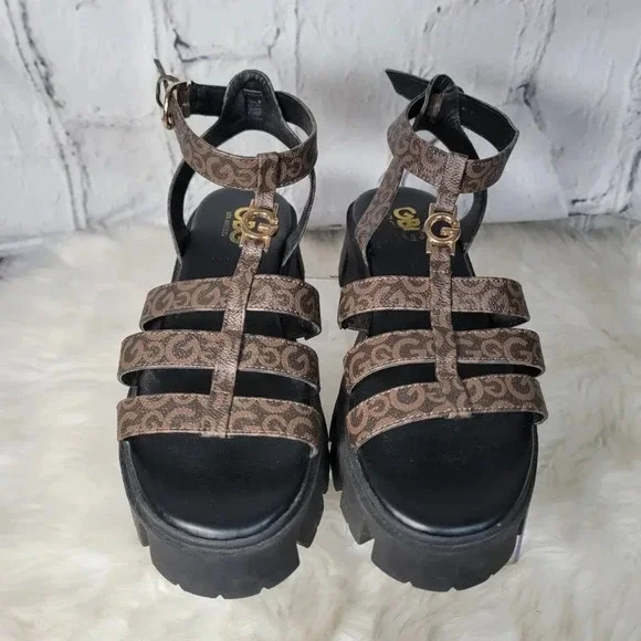 G by‎ GUESS Womens 8.5 Platform 90s 2000s Brown Lug Chunky Sandal Retro Preppy - Picture 6 of 12